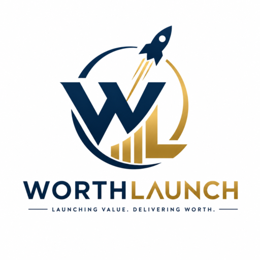 WorthLaunch logo featuring a rocket, growth chart, and the letters WL, representing celebrity net worth, success, and financial growth.