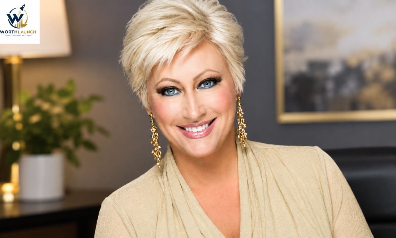 A smiling blonde woman with short hair wearing a beige outfit and elegant gold earrings, posing in a warmly lit professional indoor setting.