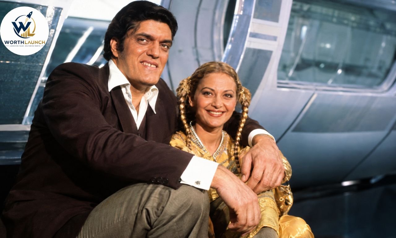 Richard Kiel'wife  posing together in a retro futuristic spaceship interior.
