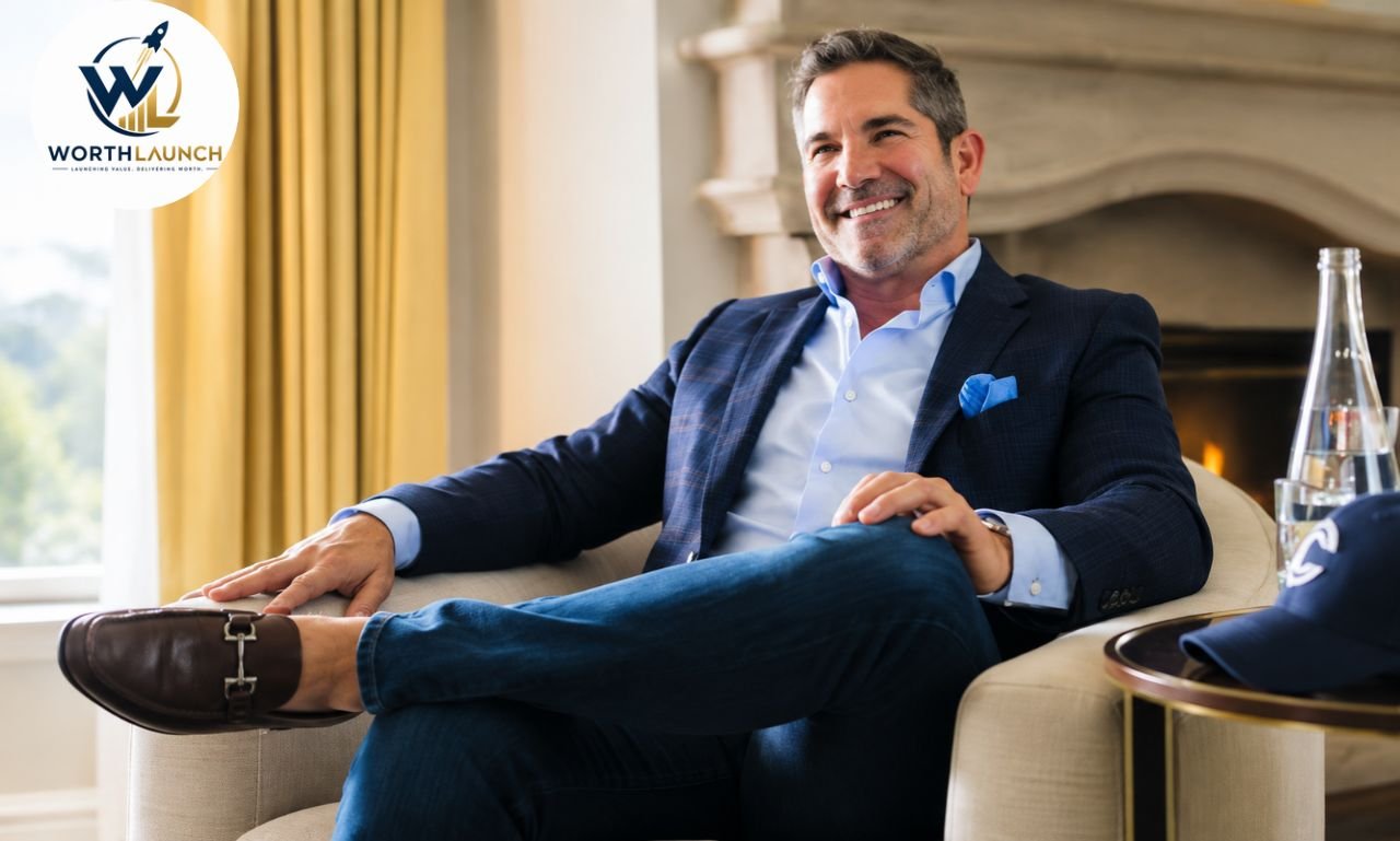 A smiling businessman in a navy blazer relaxing in a luxurious modern office lounge.