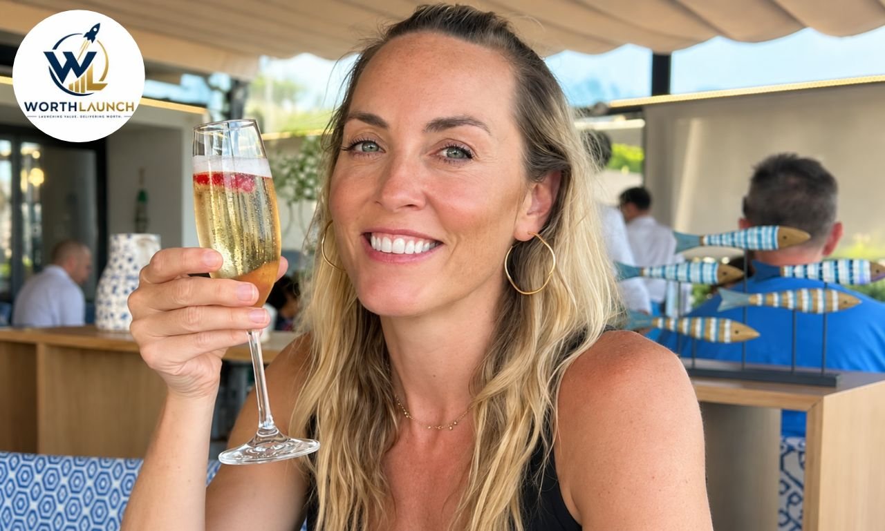 Kathryn Burrhus holding a champagne glass while posing at an outdoor restaurant or resort.