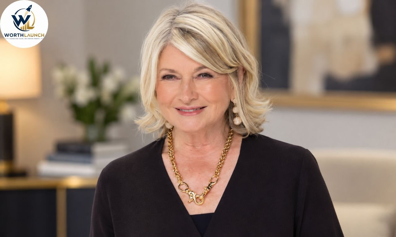 Martha Stewart smiling in a black outfit with elegant gold jewelry against a professional indoor background.
