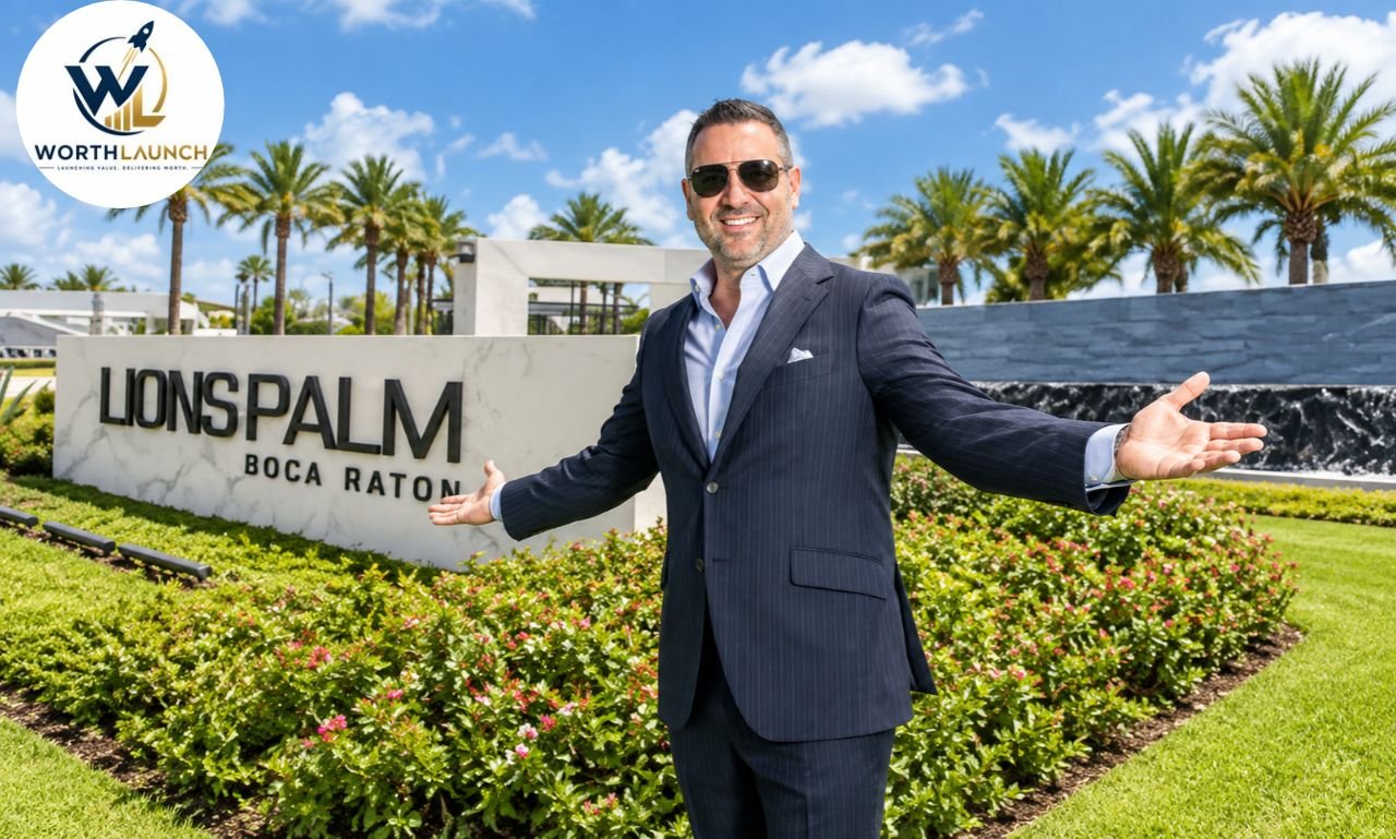 Misha Ezratti a suit standing outside the Lions Palm Boca Raton entrance.