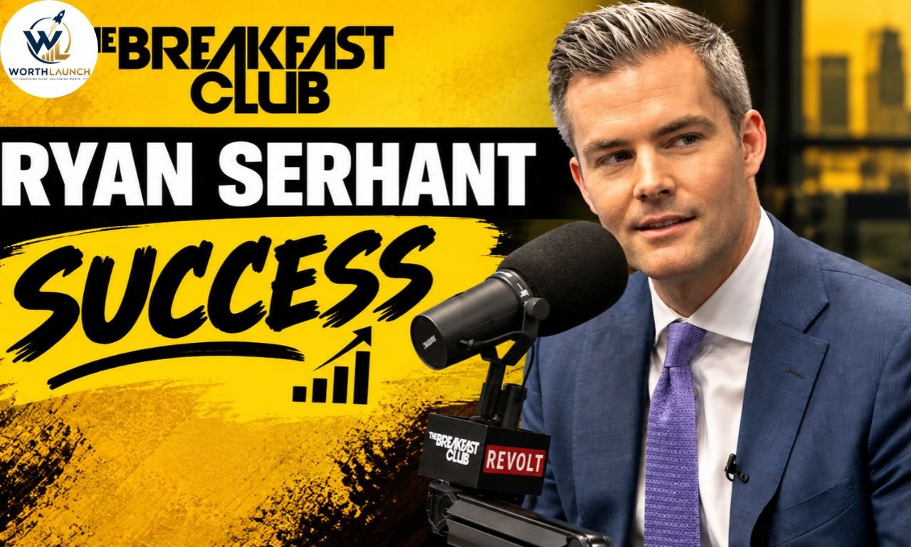 Ryan Serhant featured in a podcast interview graphic with bold “SUCCESS” text and a studio microphone.