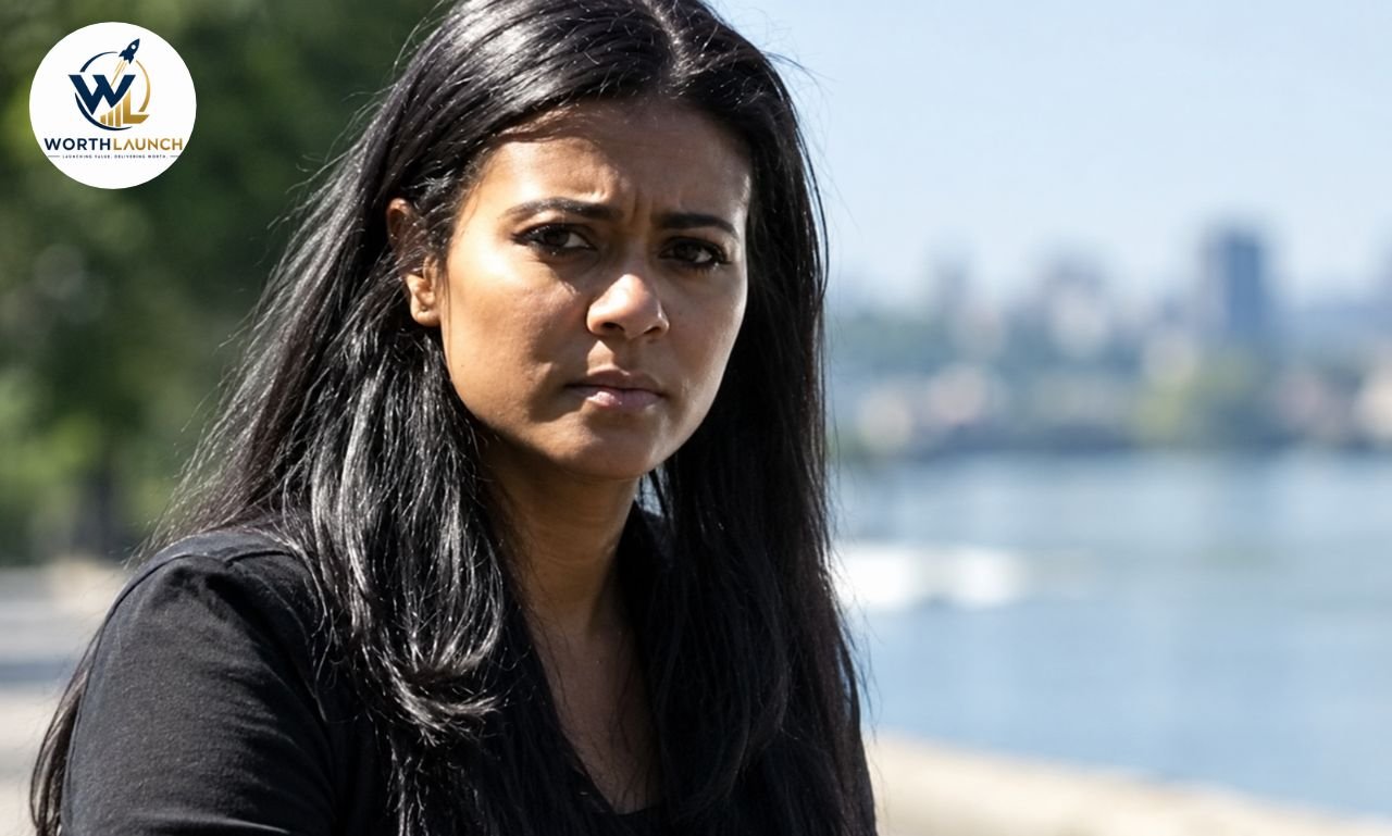 “Tyna Karageorge, with long black hair and a serious expression, wearing dark clothing and standing outdoors beside a body of water in daylight.”