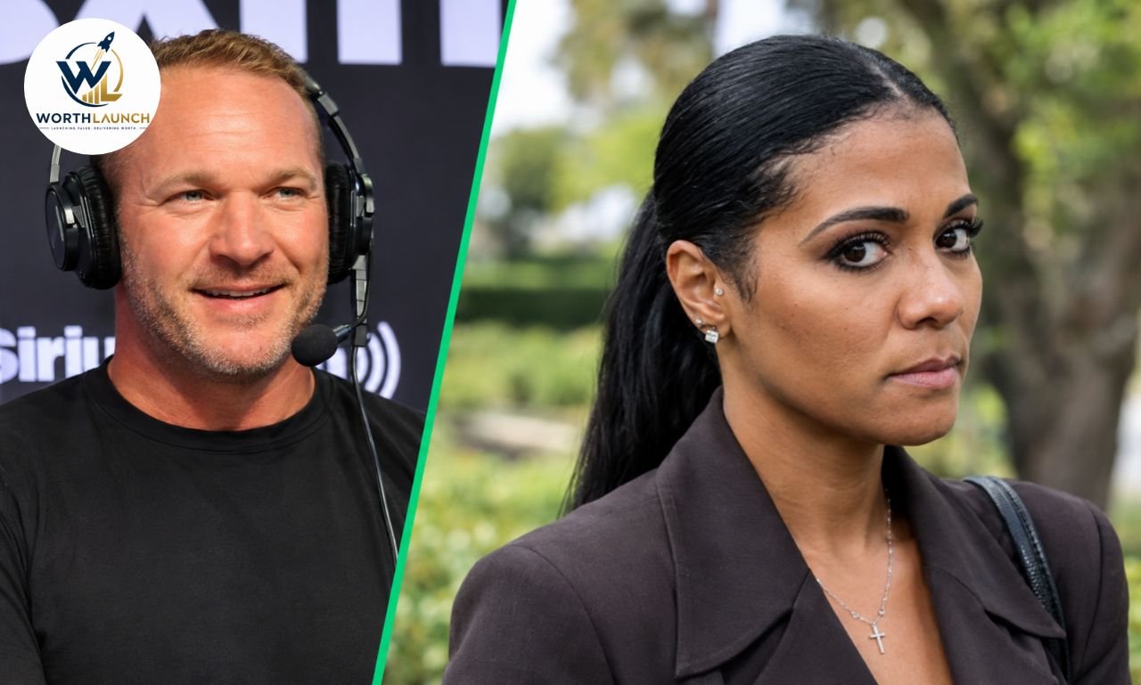Brian Urlacher and Tyna Karageorge featured in a split-screen portrait, with Urlacher wearing headphones and Karageorge pictured outdoors.