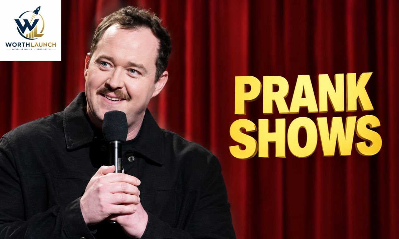 A comedian holding a microphone in front of red theater curtains with “PRANK SHOWS” text.