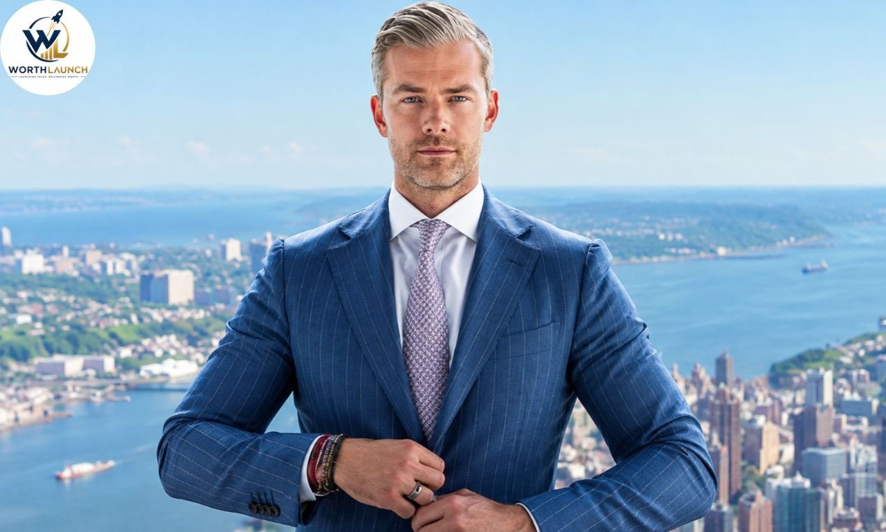 Man wearing a blue pinstripe suit and patterned tie, posing confidently in a modern office with a city skyline in the background.