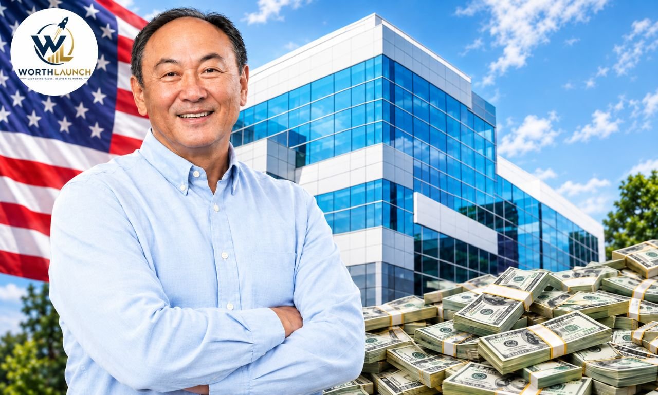 David Sun  in a light blue shirt standing with crossed arms in front of a modern office building, American flag, and stacks of U.S. dollar bills.