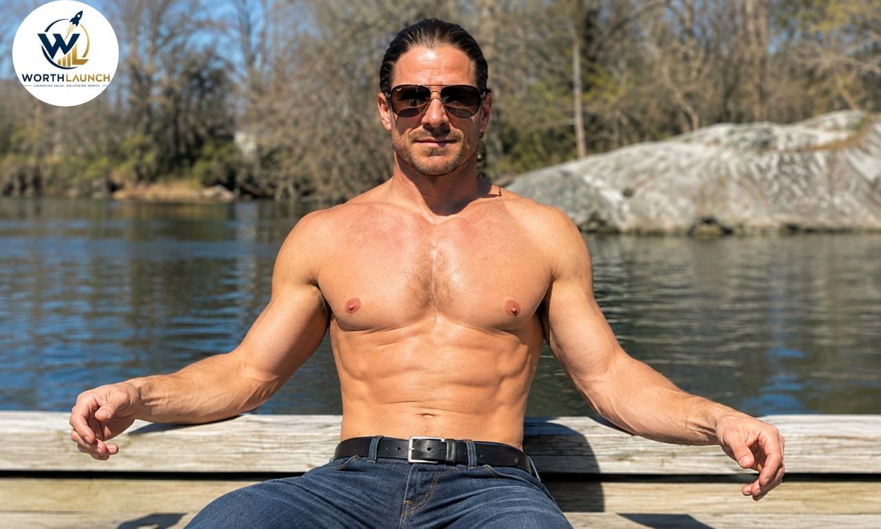 Denis Morton wearing sunglasses sitting shirtless on a wooden dock beside a calm lake.