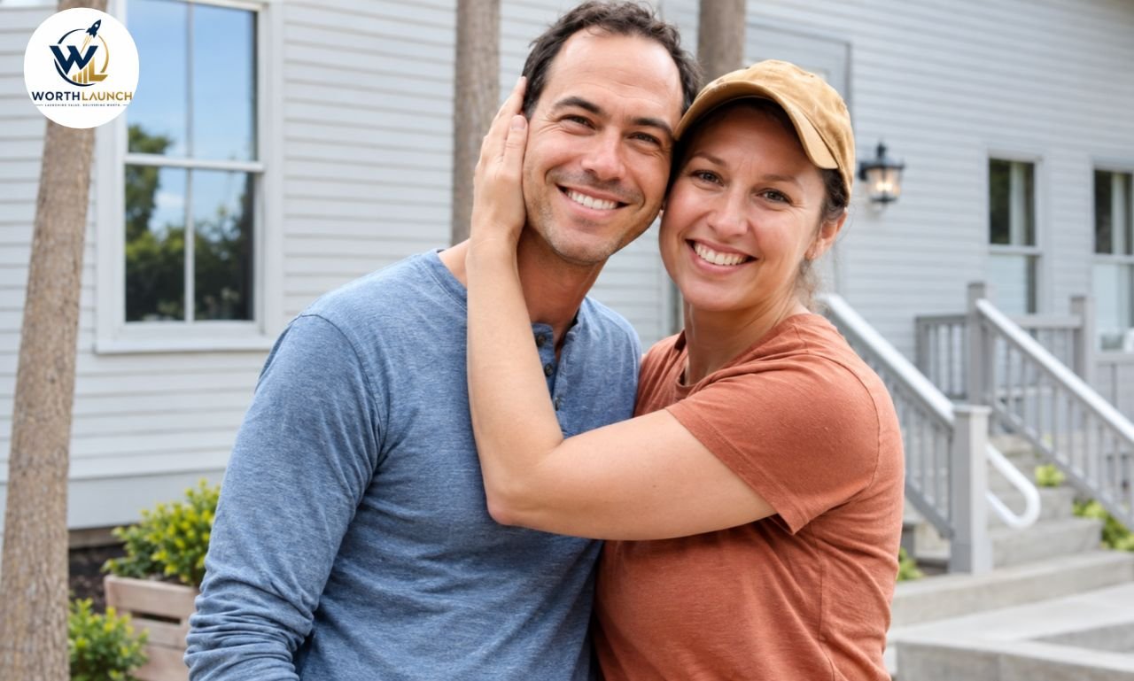 A smiling adult couple embraces outdoors in front of a light-colored house. The man wears a blue shirt, while the woman wears a rust-colored shirt and tan baseball cap, gently touching his face.