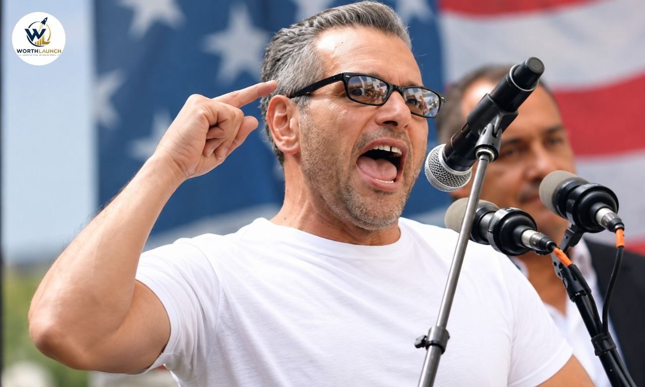 Scott LoBaido speaking into microphones while wearing sunglasses in front of an American flag backdrop.