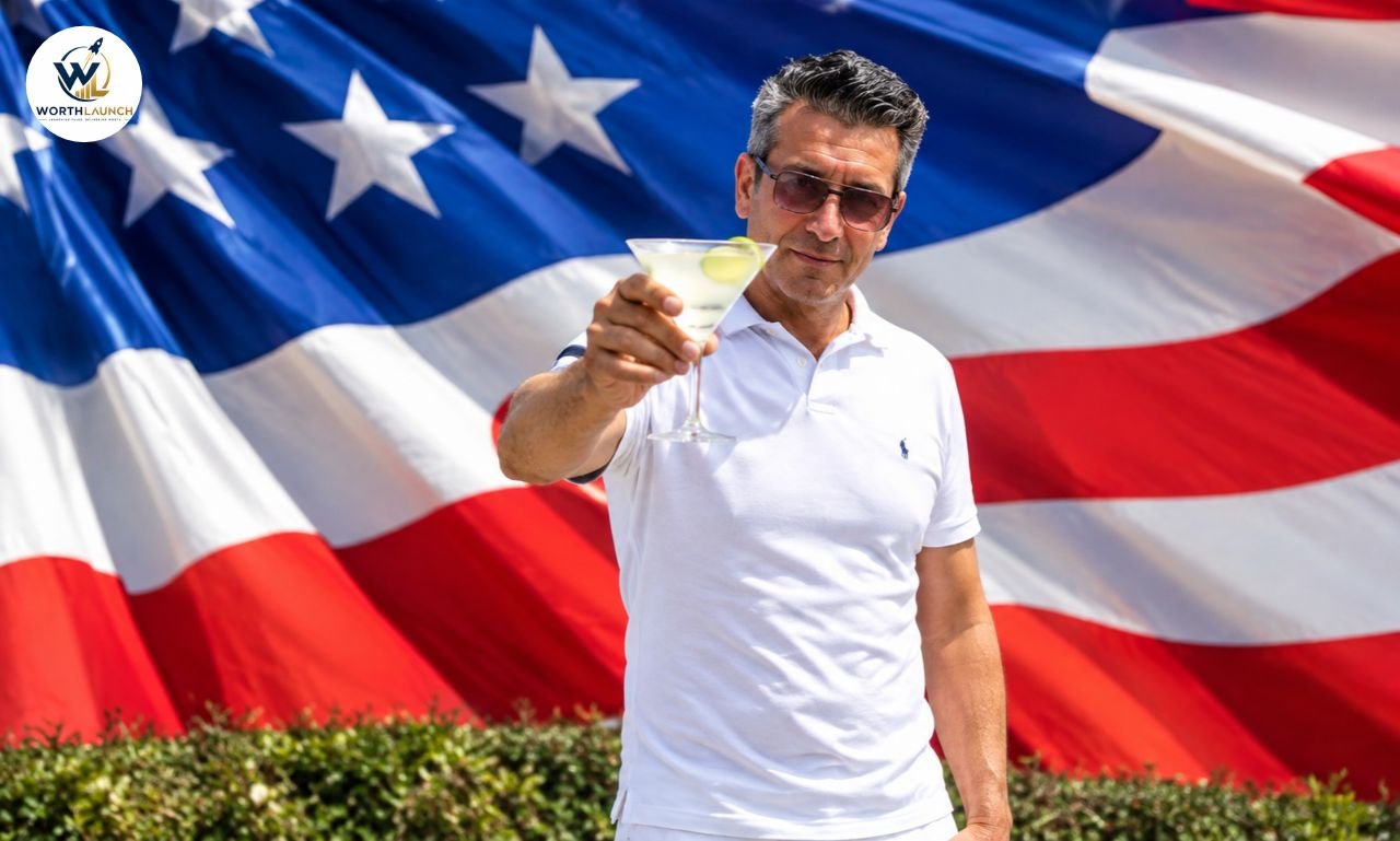 Scott LoBaido raising a cocktail glass in front of a large American flag outdoors.