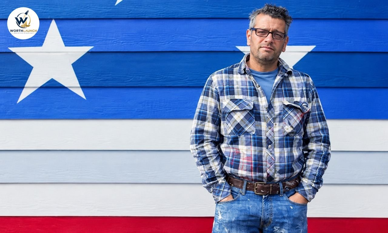 Scott LoBaido standing in front of an American flag mural during an outdoor portrait.
