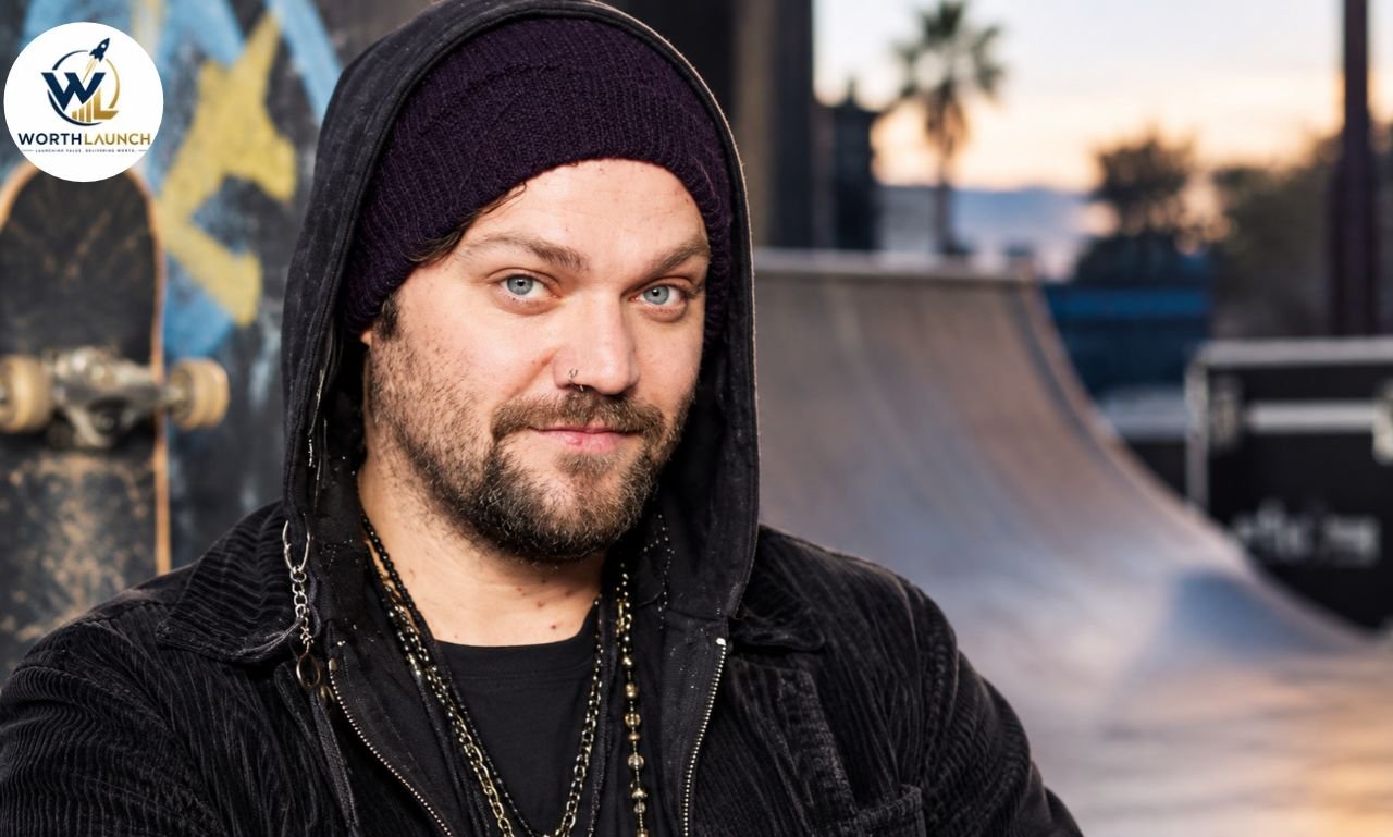 Bam Margera portrait in a black beanie and hoodie at a skatepark